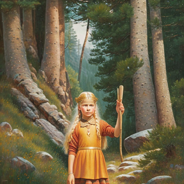 Young girl in golden dress with staff in sunlit forest