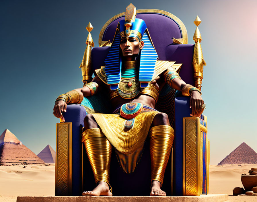 Digital Artwork: Pharaoh in Egyptian Garb on Throne with Pyramids & Clear Sky