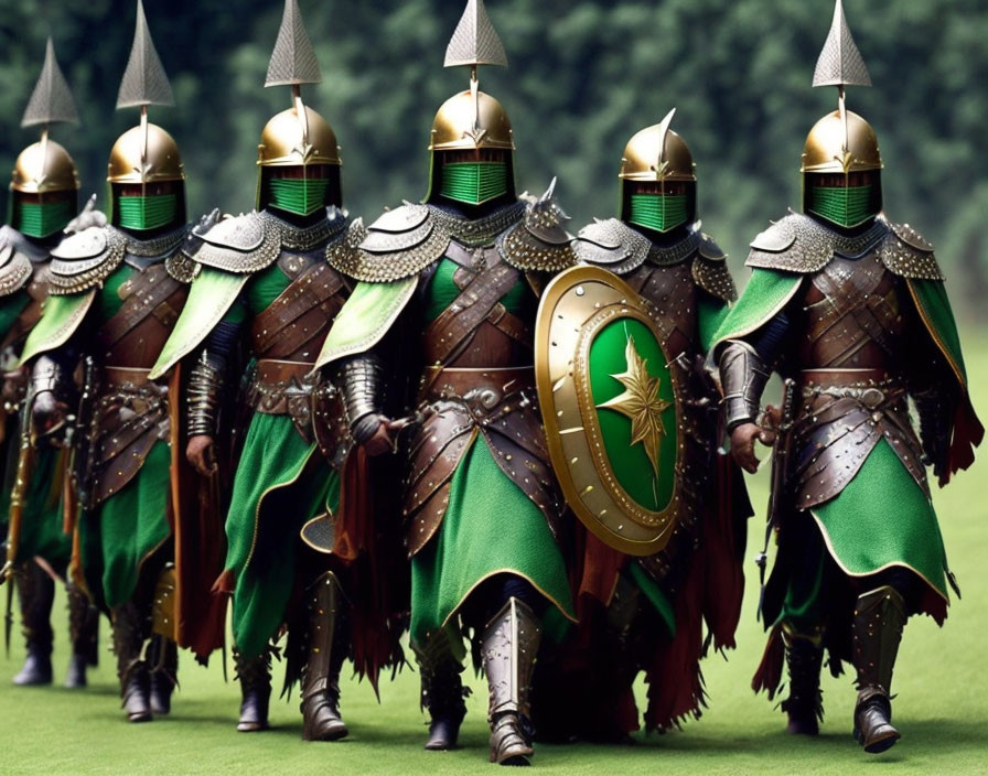 Medieval knights in ornate armor with shields and spears on grassy field