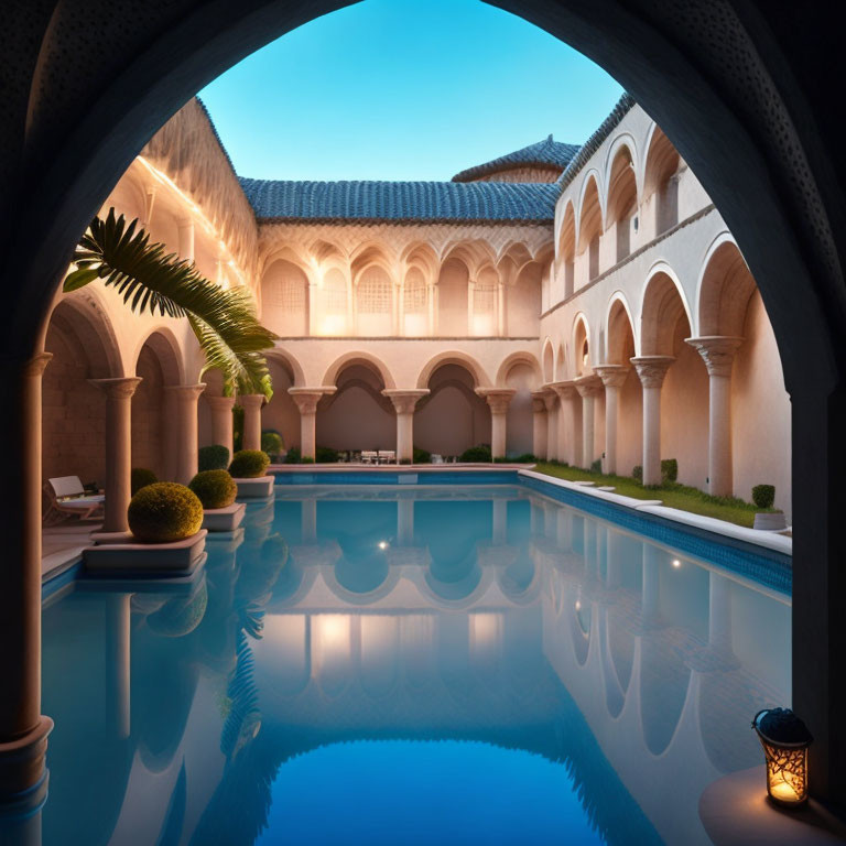 Tranquil courtyard with reflective pool and arched colonnades at dusk