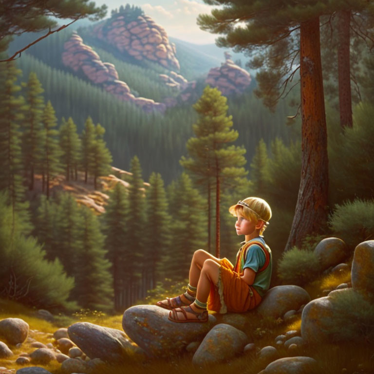 Child sitting on stone gazes at forested landscape in warm sunlight