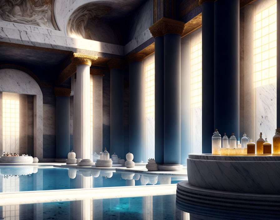Luxurious indoor pool with marble columns and elegant bath accessories