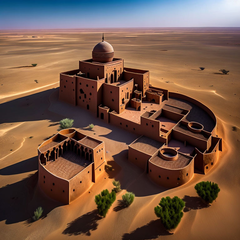 Desert fortress with central dome and walls in sand dunes