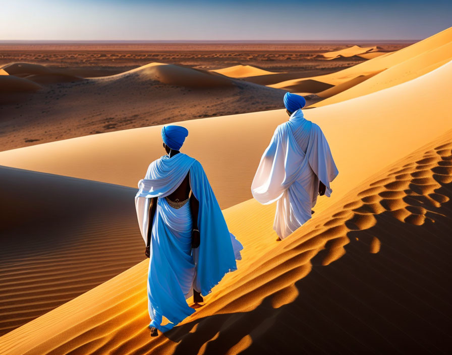 Two individuals in blue robes walking on desert sand dunes under a clear sky