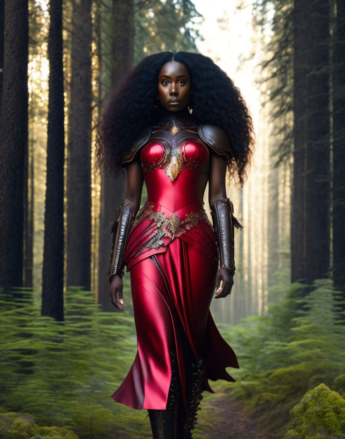 Woman in Red and Gold Armor Stands Confidently in Sunlit Forest