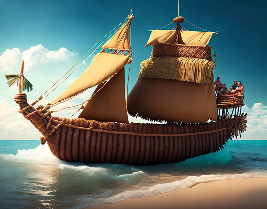 Fantastical CGI image: Large wicker and wood ship sailing at sea