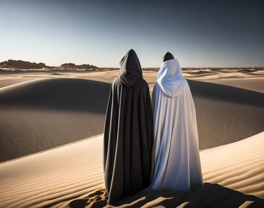 Contrasting black and white robed figures in desert landscape