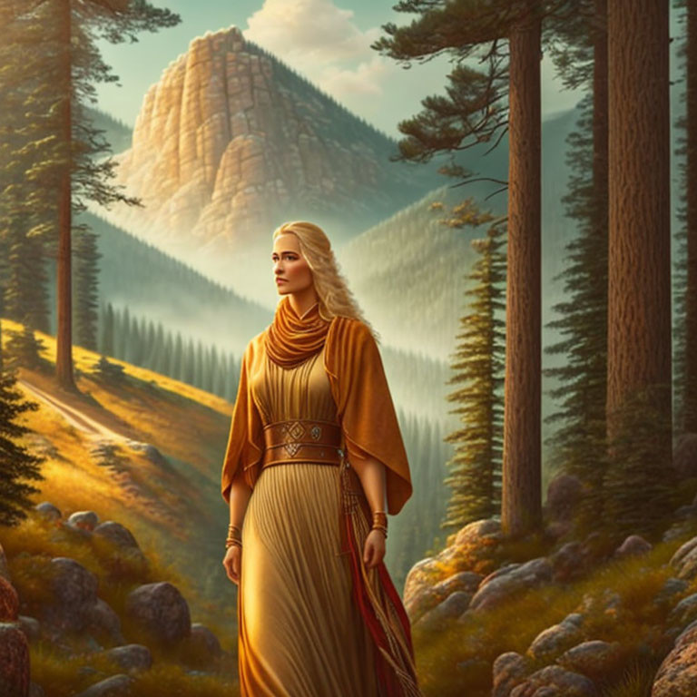 Ancient regalia woman in forest clearing with mountain backdrop