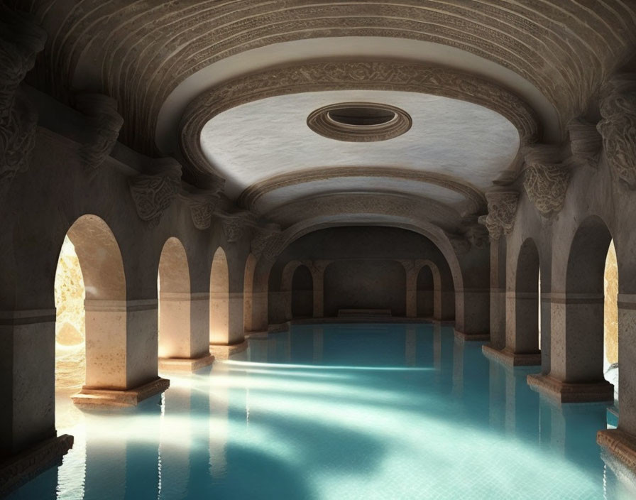 Classical arches and domed ceiling in indoor pool with natural sunlight.
