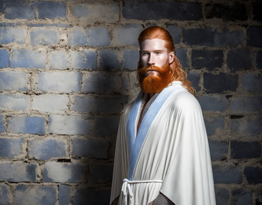 Red-haired man in white robe against blue brick wall