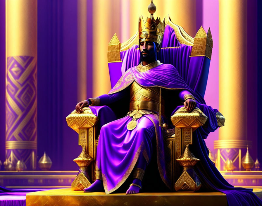 Regal Figure in Royal Robes on Throne in Purple and Gold Hall