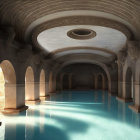 Luxurious Indoor Swimming Pool with Arches, Columns, and Warm Lighting