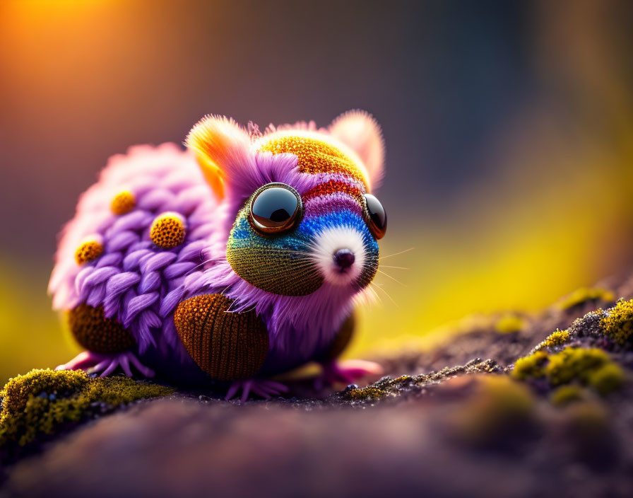 Colorful creature with large eyes and fluffy purple body against warm background