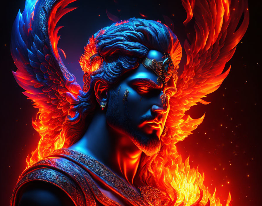 Vibrant digital artwork: Blue figure with fiery wings & golden adornments