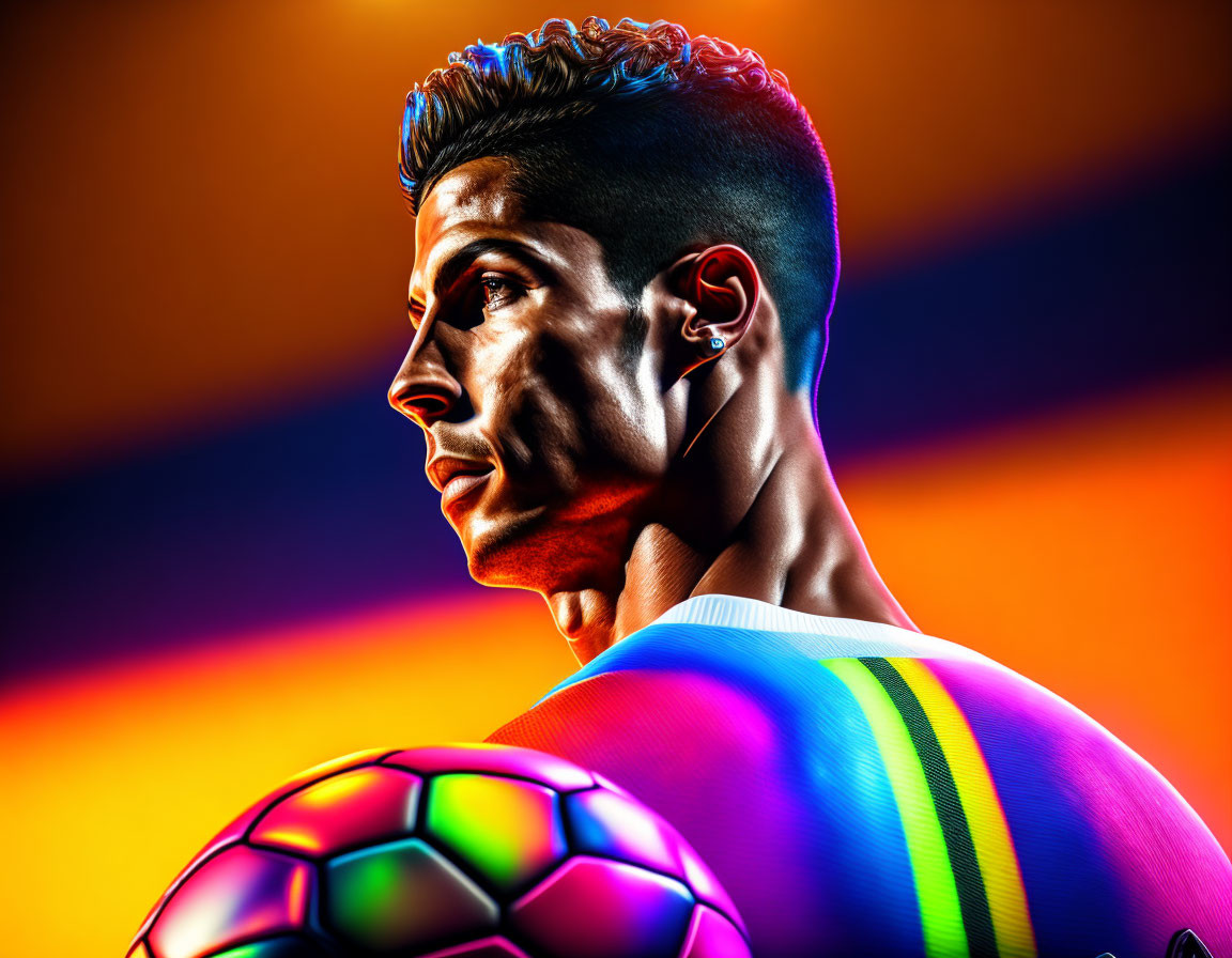 Stylized person with soccer ball on colorful gradient background