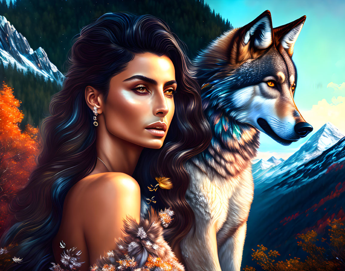 Digital artwork featuring woman, wolf, mountain landscape & autumn foliage