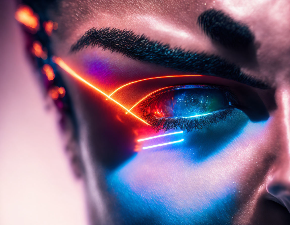 Vibrant neon lights reflecting on skin in close-up eye photo