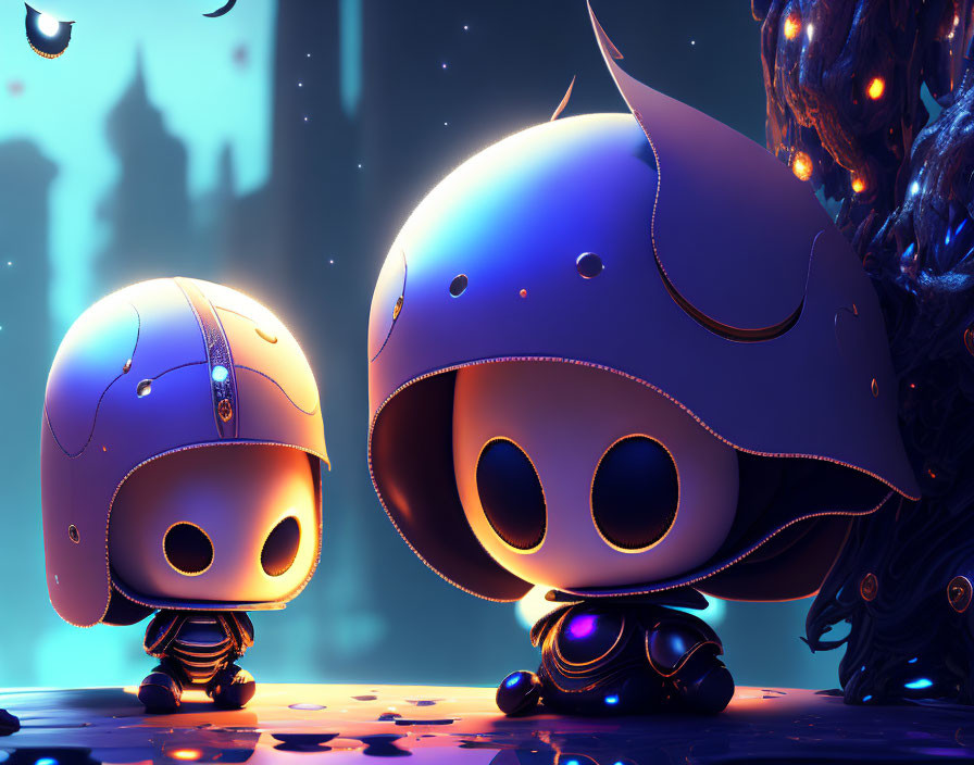 Stylized animated characters with large helmets in neon-lit environment