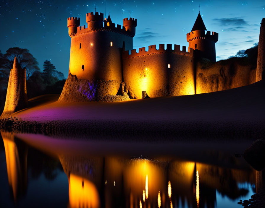 Medieval castle at night with starry sky reflected in moat