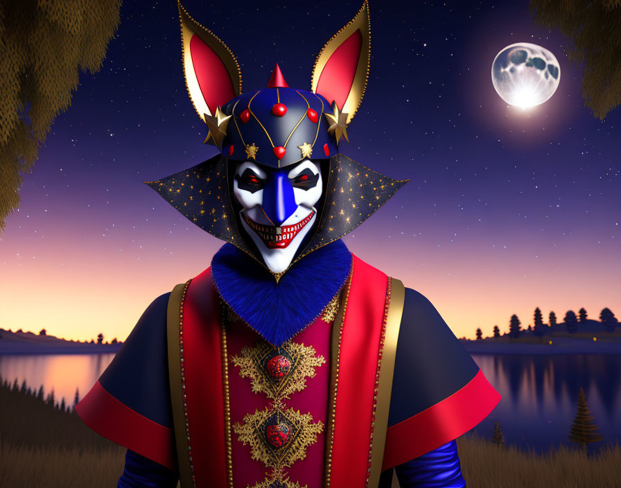 Stylized jester figure in mask at night by lake
