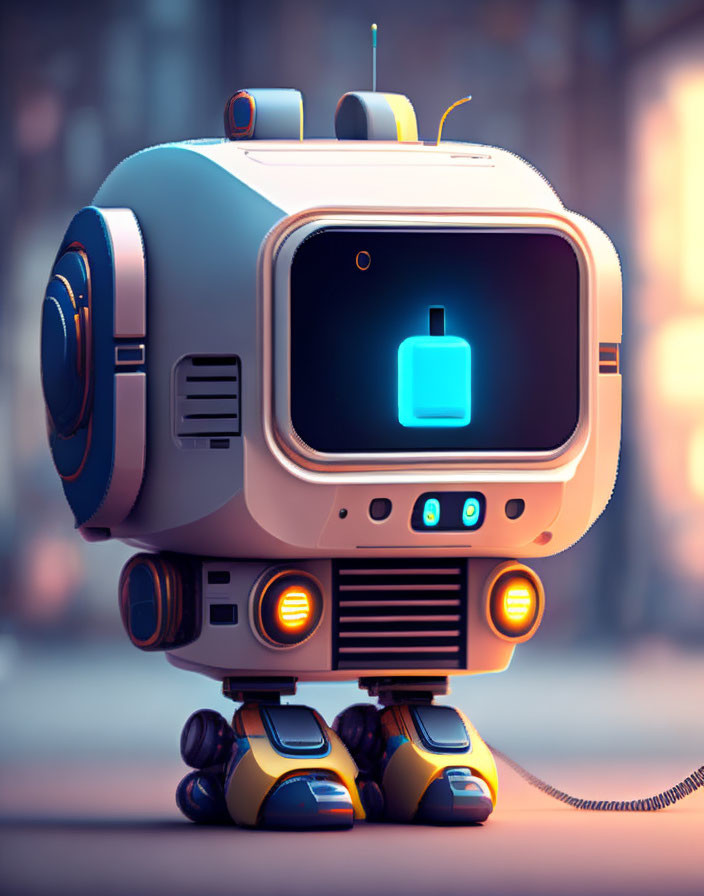 Cartoon-style robot with screen face and battery icon in city backdrop