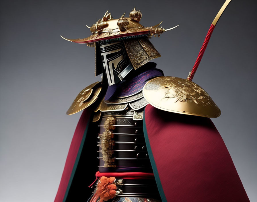 Detailed Samurai Armor with Kabuto Helmet and Gold Adornments on Gray Background