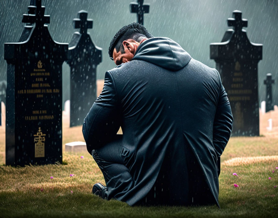 Man in suit kneeling at grave in rain with tombstones, evoking mourning.