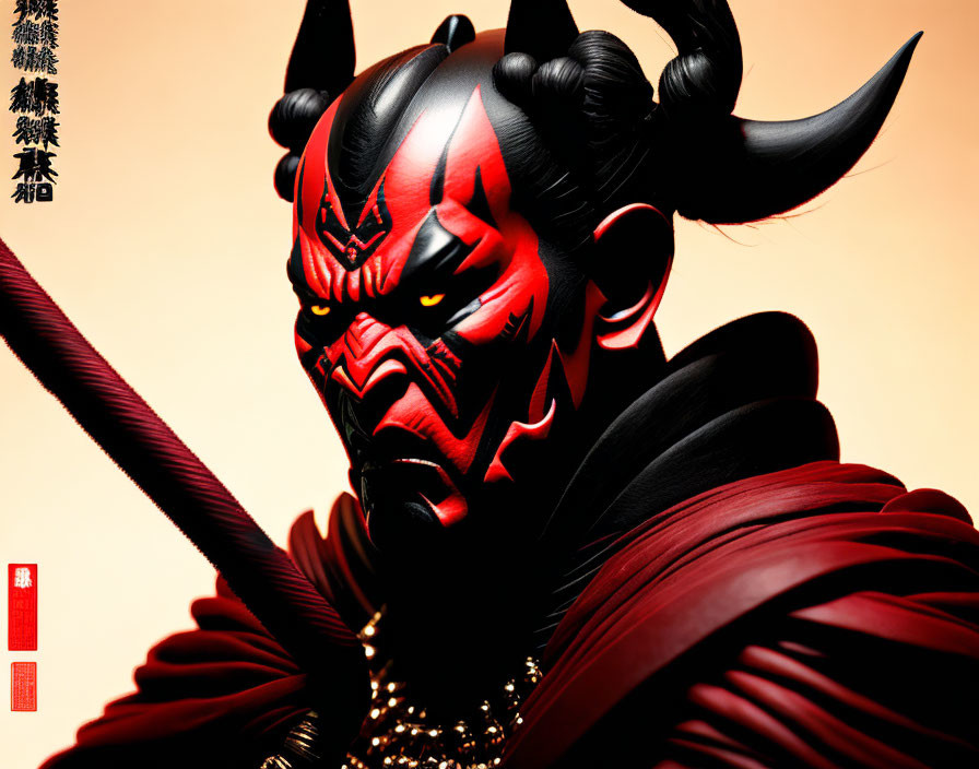Person in Red and Black Samurai Armor with Horned Mask Holding Sword