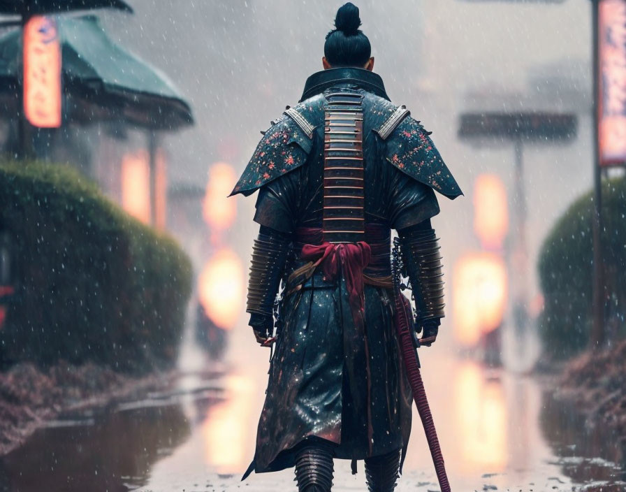 Traditional armored warrior in misty, rain-soaked street with lanterns