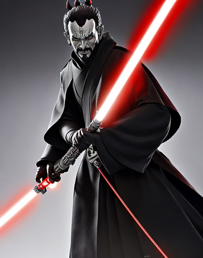 Sinister black figure with red double-bladed lightsaber and dark goatee