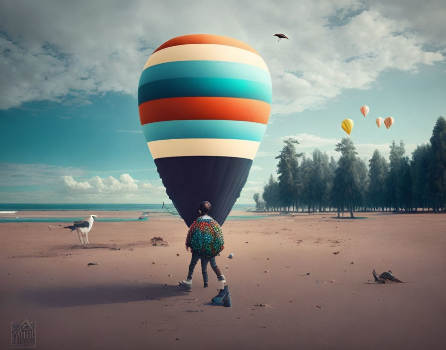 Person on Beach with Striped Hot Air Balloon and Animals