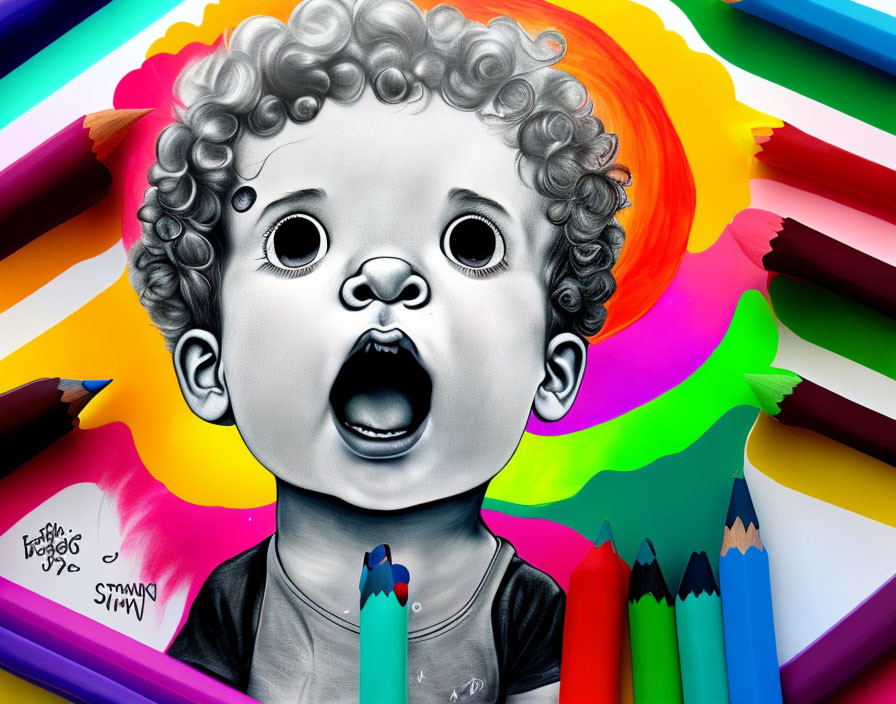 Monochromatic baby portrait with colorful pencil rays in the background