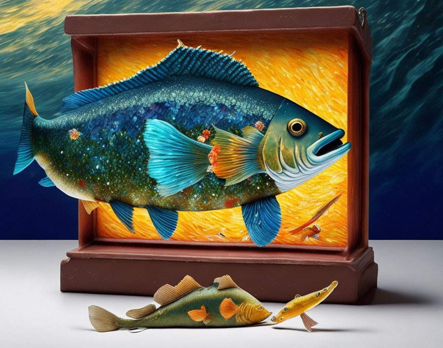 Vibrant surreal image: giant fish in wooden chest with dramatic sky