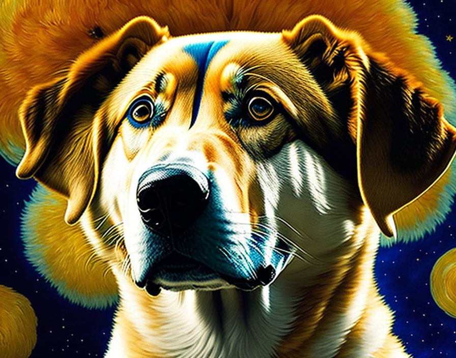 Vibrant dog illustration with blue eyes on cosmic background