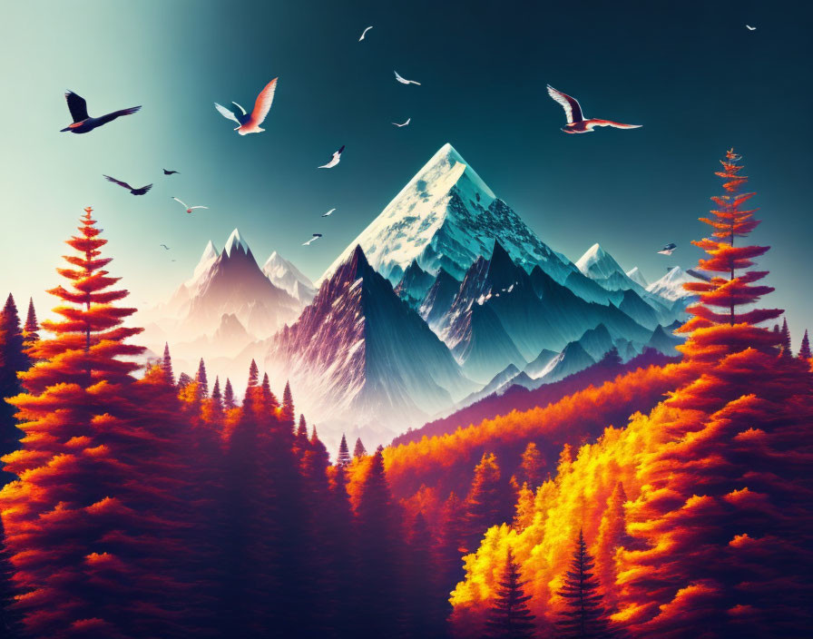 Snowy Peaks and Fiery Trees in Ethereal Landscape
