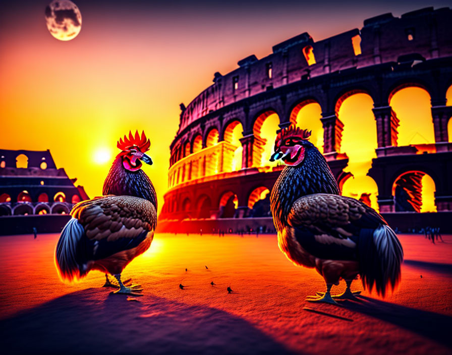 Stylized roosters at Colosseum under dramatic sunset and full moon