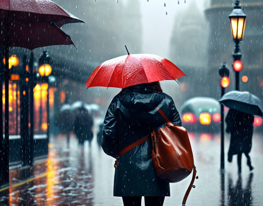 Person with red umbrella in rainy city street with blurred traffic lights and street lamp
