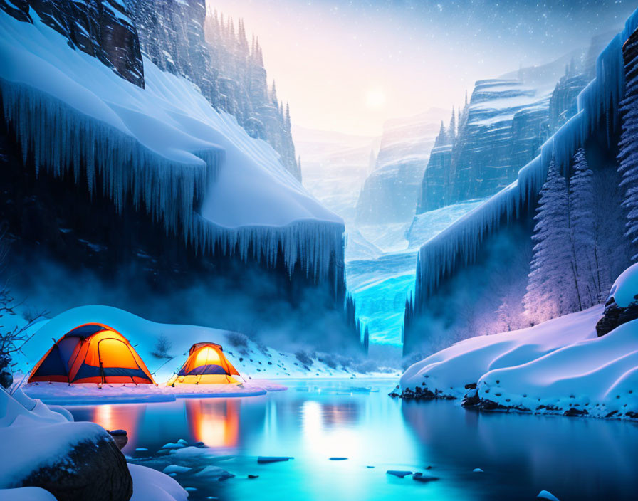 Illuminated Tents Near Frozen Lake with Snowy Cliffs