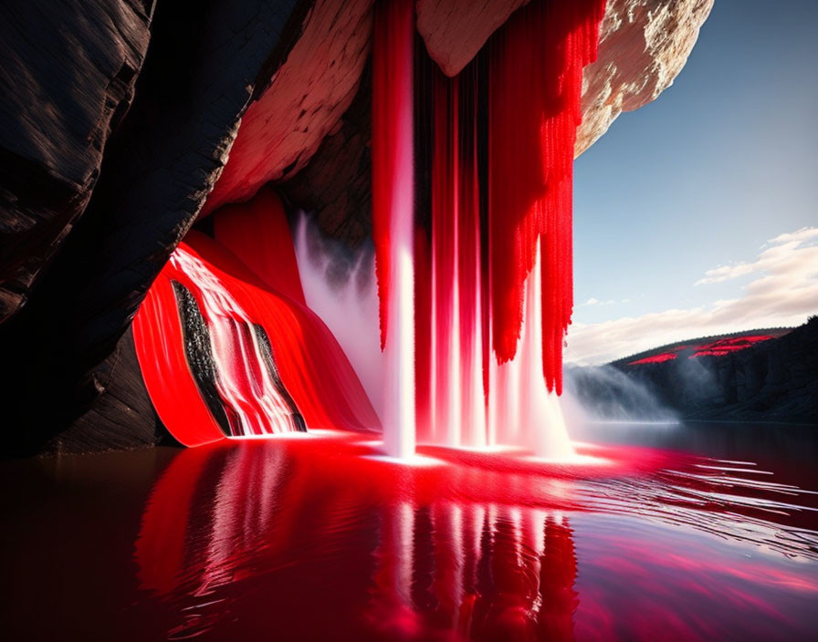 Majestic red waterfall flowing into tranquil water