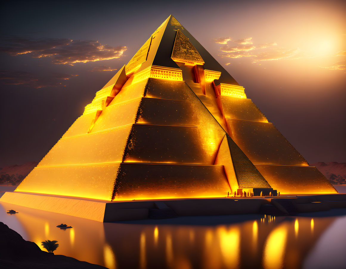 Golden pyramid at sunset reflected in water with palm trees