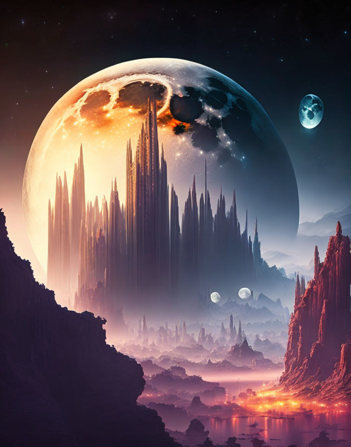 Surreal landscape with towering spires under a large moon