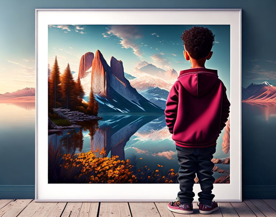Child in red hoodie and jeans with serene lake and mountains at twilight