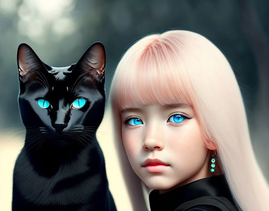 Pale Pink-Haired Girl and Black Cat with Blue Eyes