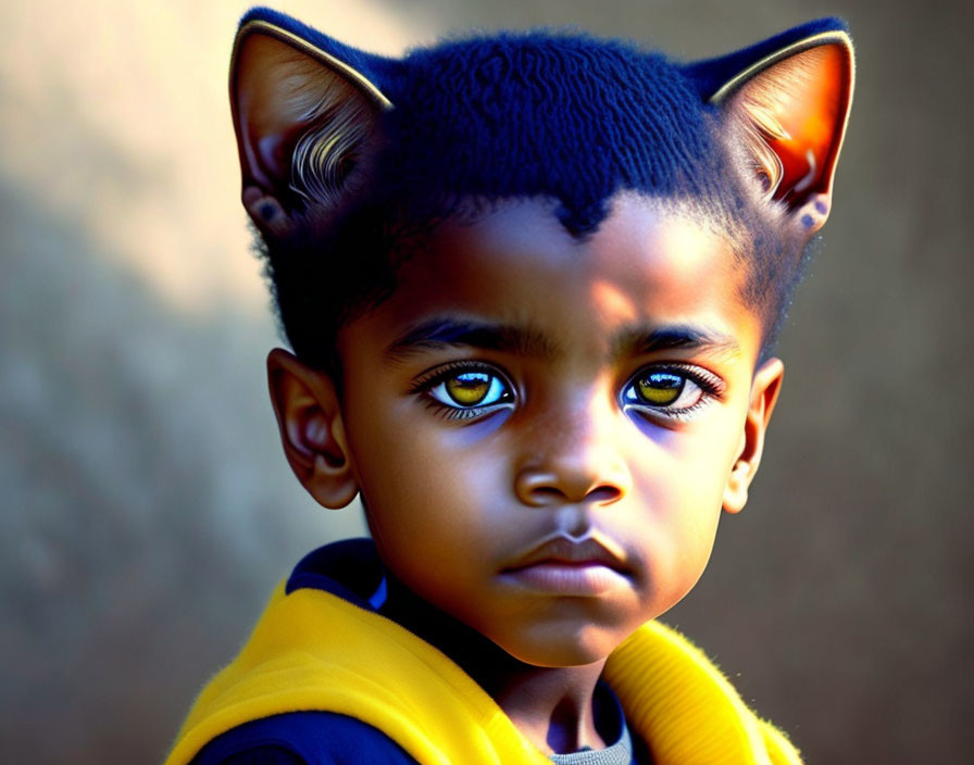 Child with digitally altered cat ears and yellow eyes in close-up portrait