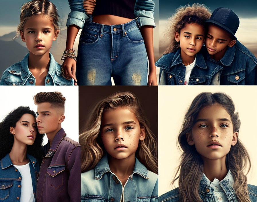 Six Individuals in Denim Outfits Showcasing Varied Styles and Interactions