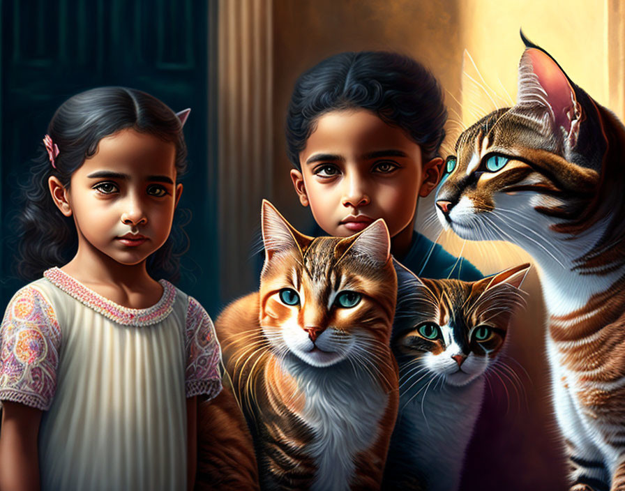 Two girls and three cats in a dark, moody setting with warm light