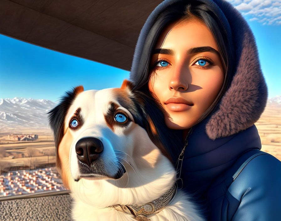 Young woman and blue-eyed dog in rural landscape under overpass