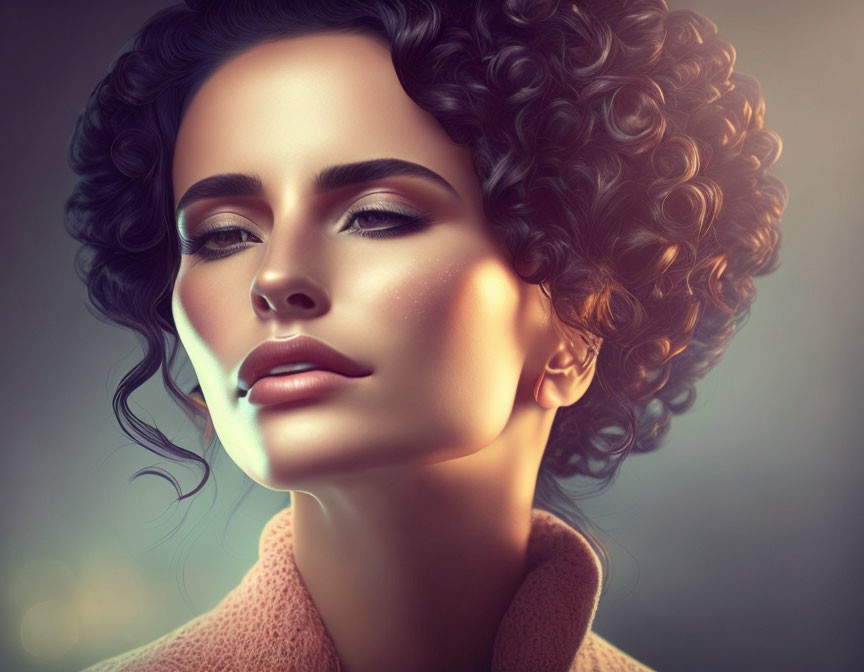 Portrait of woman with curly hair and flawless skin in digital art