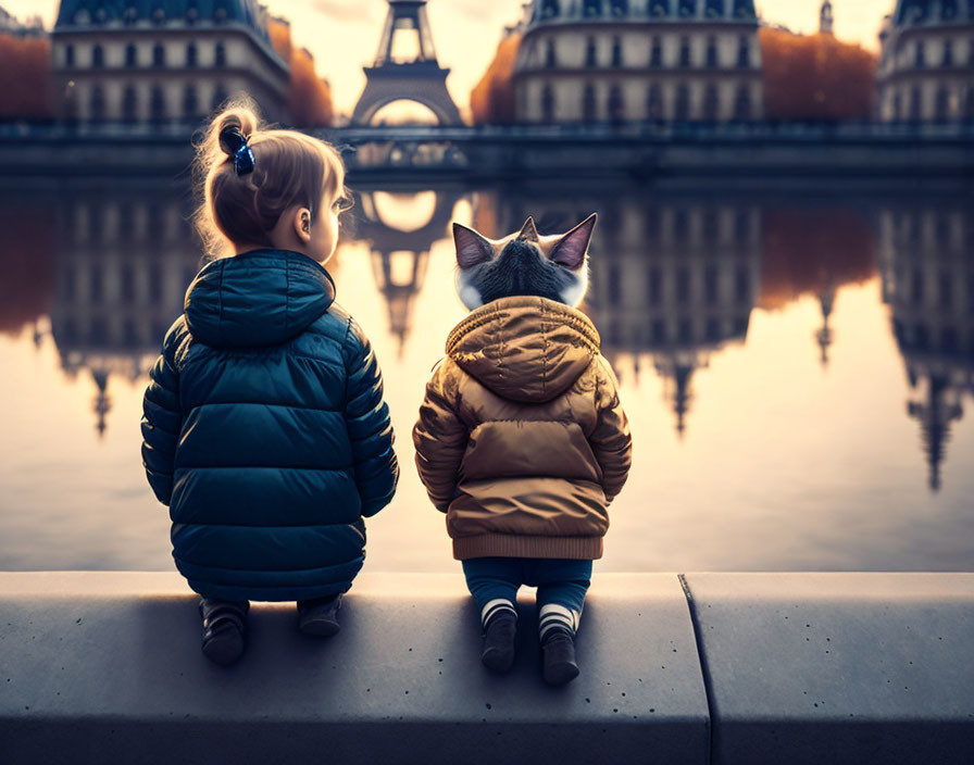 Children by river with cityscape and Eiffel Tower at dusk