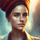 Realistic digital artwork of young woman in beanie with fantasy backdrop
